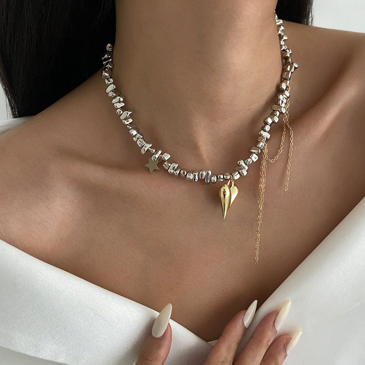 Trendy Heart Pendant Irregular Beaded Tassel Chain Necklace - ArtGalleryZen