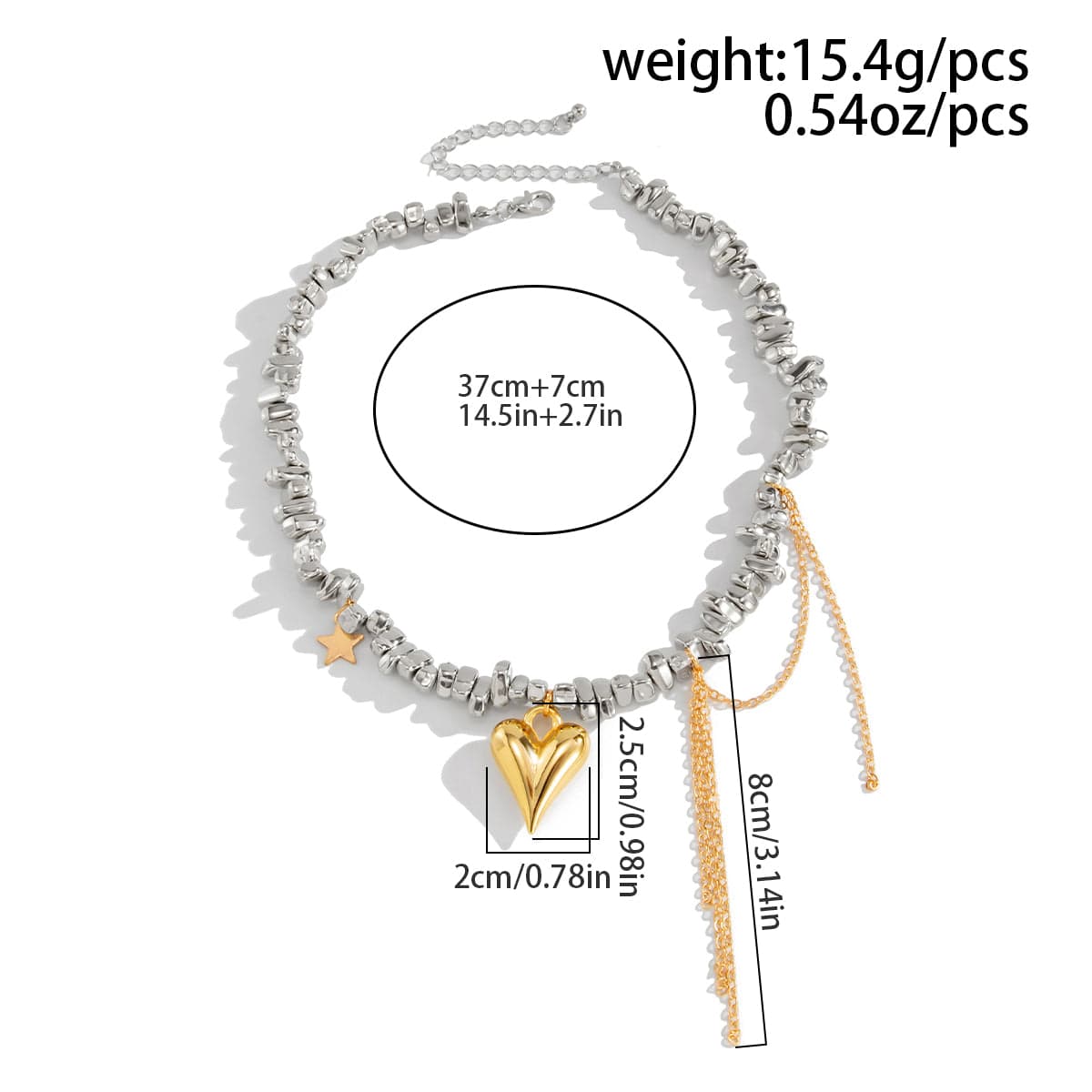 Trendy Heart Pendant Irregular Beaded Tassel Chain Necklace - ArtGalleryZen