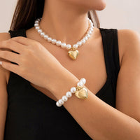 Thumbnail for Trendy Heart Pendant Pearl Chain Bracelet Necklace Set - ArtGalleryZen