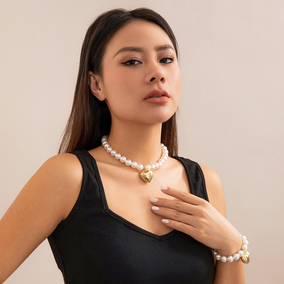 Trendy Heart Pendant Pearl Chain Bracelet Necklace Set - ArtGalleryZen