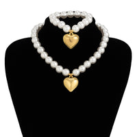 Thumbnail for Trendy Heart Pendant Pearl Chain Bracelet Necklace Set - ArtGalleryZen