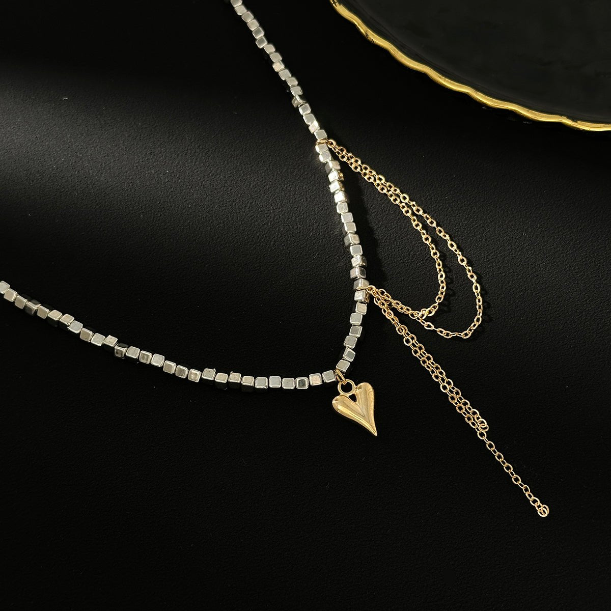 Trendy Heart Pendant Square Beaded Chain Tassel Necklace - ArtGalleryZen