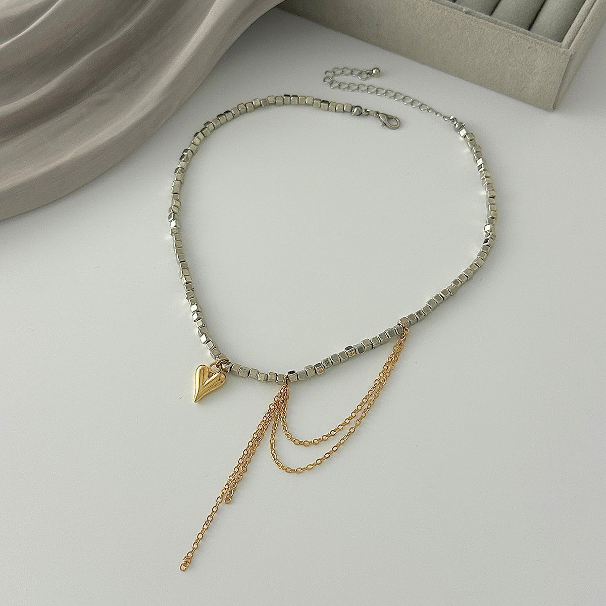 Trendy Heart Pendant Square Beaded Chain Tassel Necklace - ArtGalleryZen