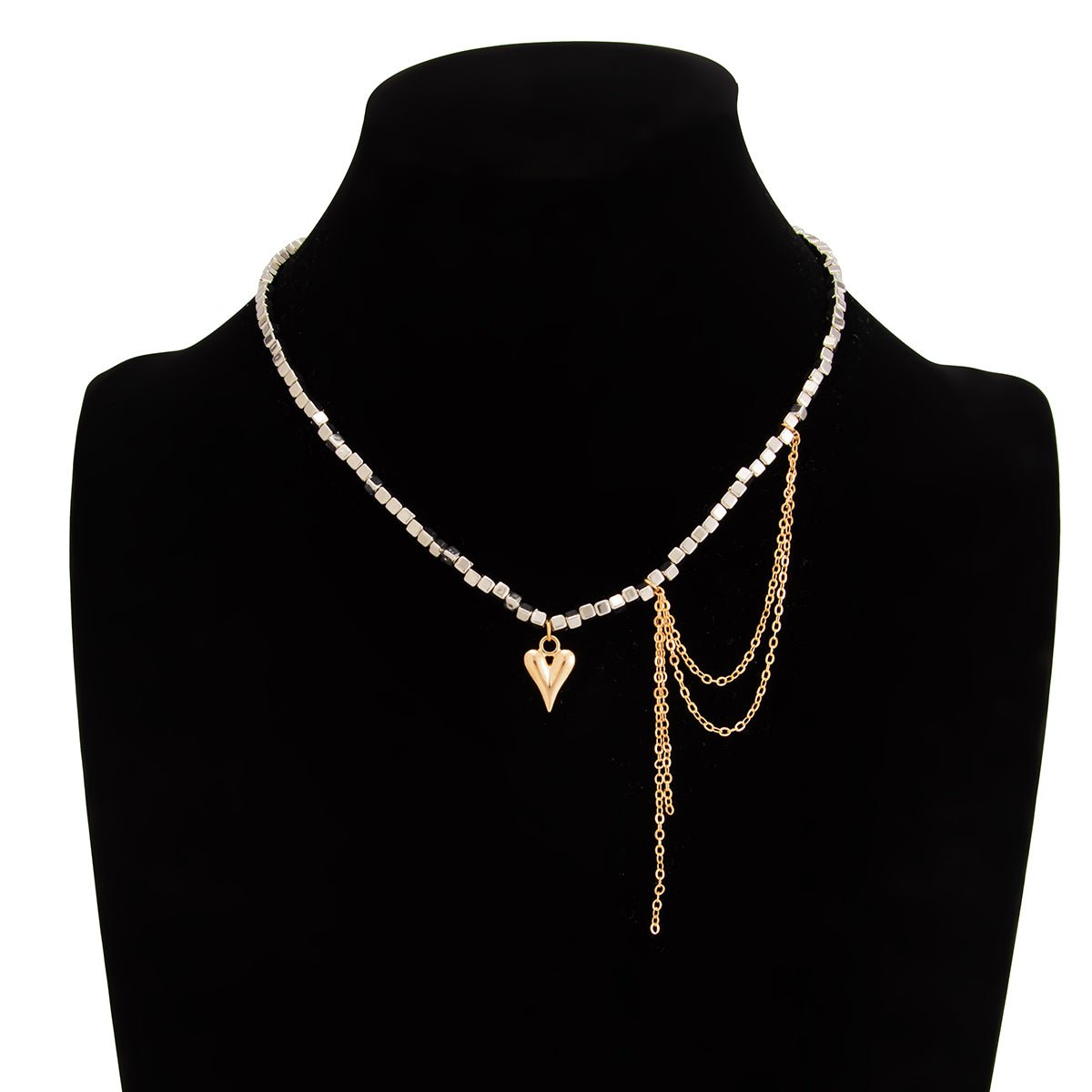 Trendy Heart Pendant Square Beaded Chain Tassel Necklace - ArtGalleryZen