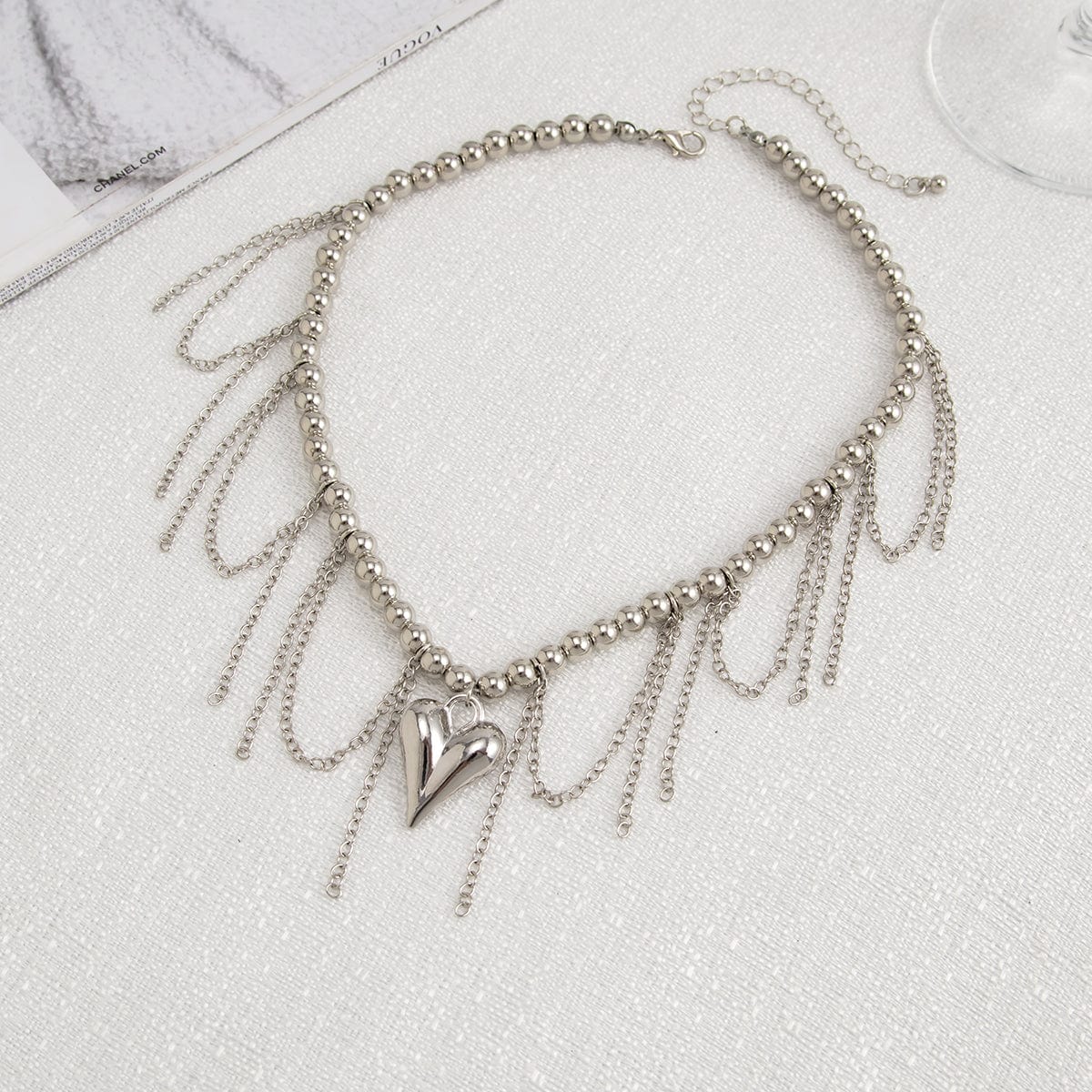 Trendy Heart Tassel Ball Chain Necklace - ArtGalleryZen