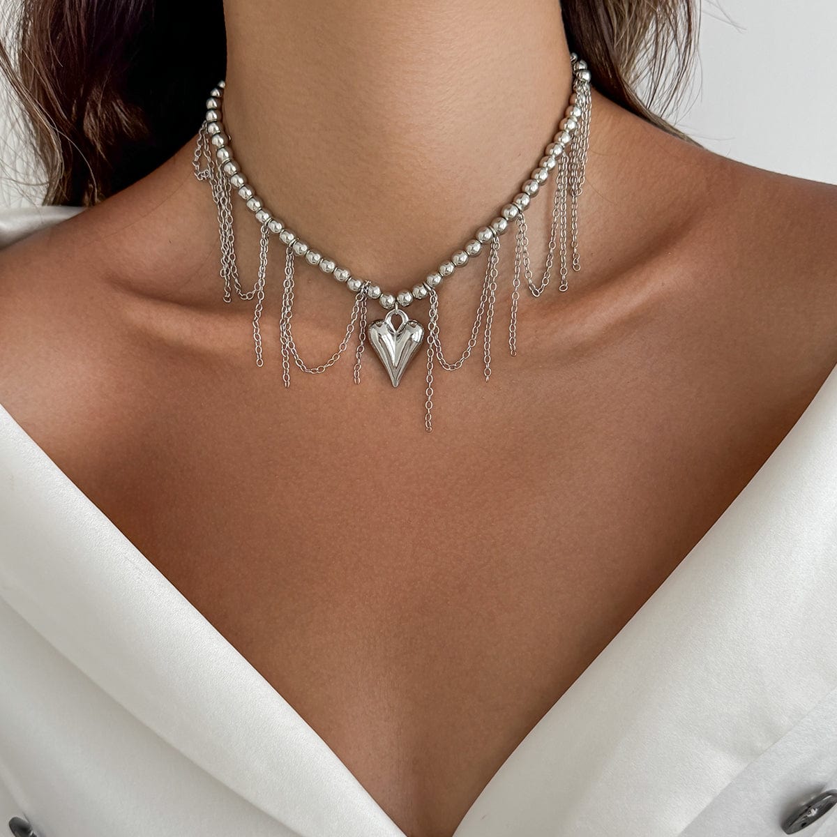Trendy Heart Tassel Ball Chain Necklace - ArtGalleryZen