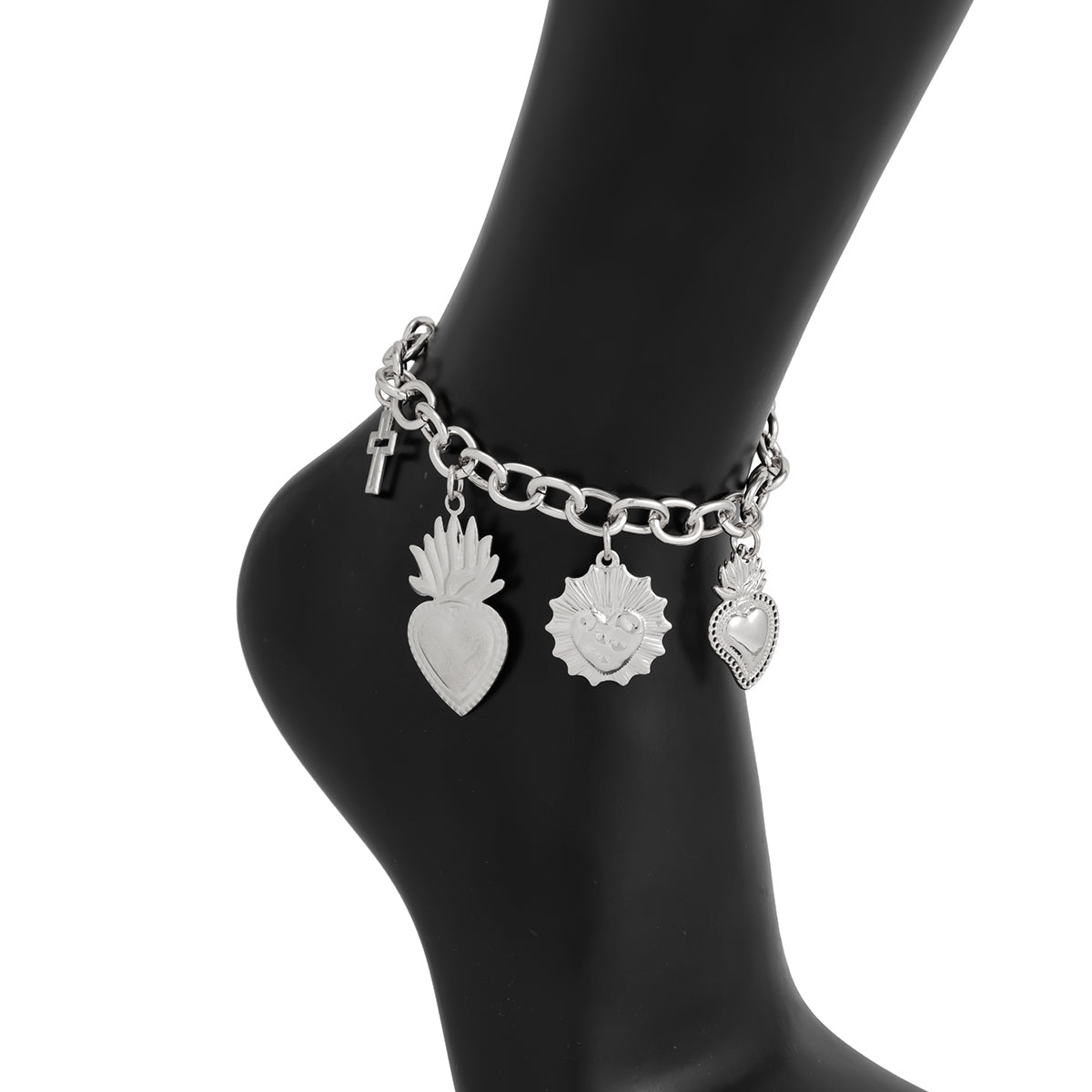 Trendy Hollow Cross Flame Heart Charm Anklet - ArtGalleryZen