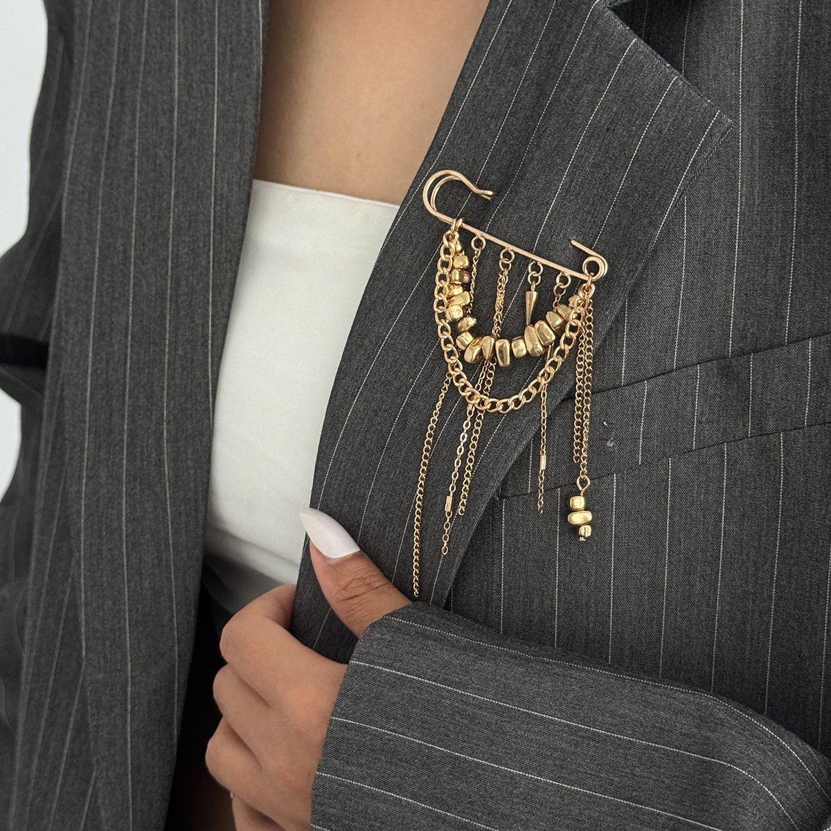 Trendy Irregular Beaded Tassel Pin Brooch - ArtGalleryZen