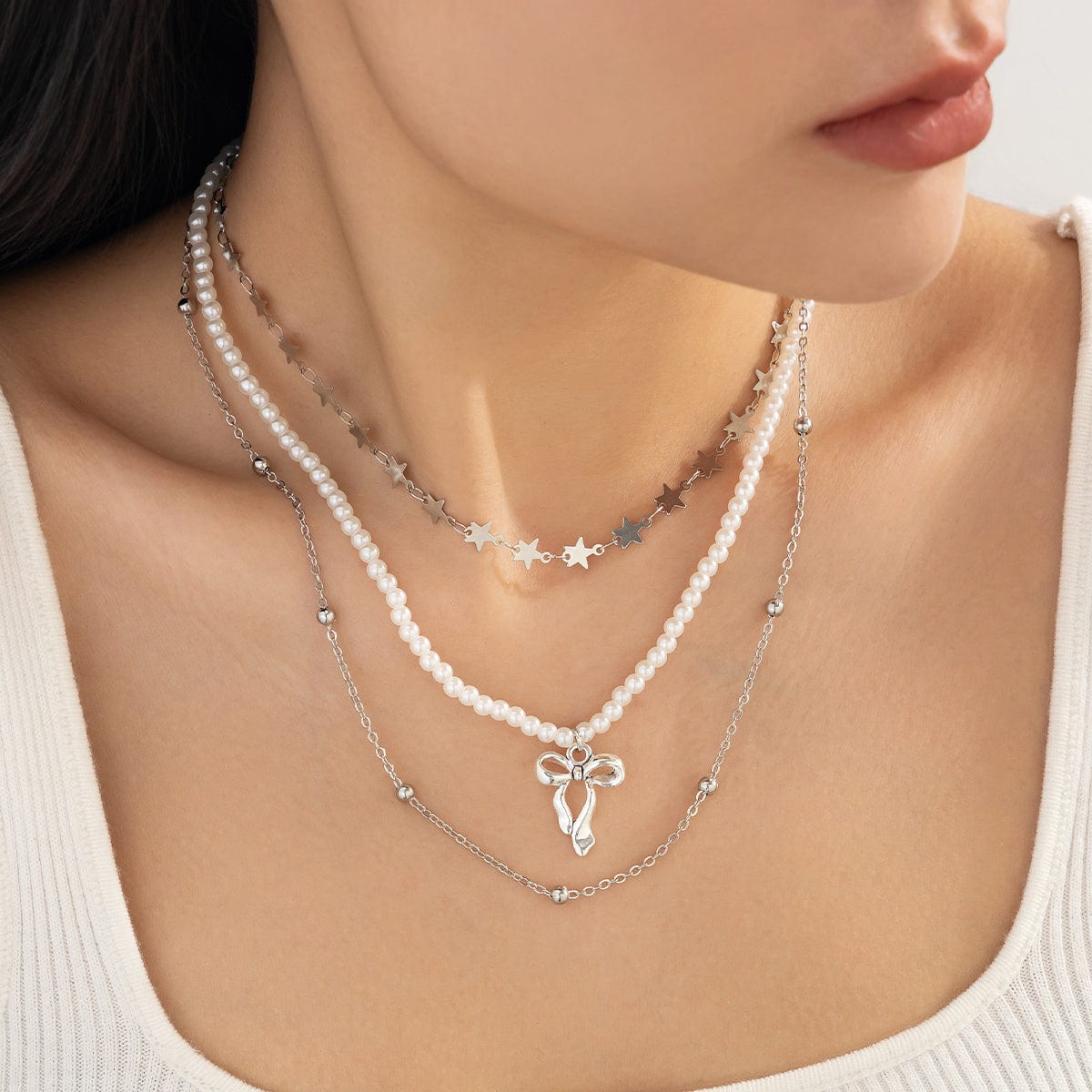Trendy Layered Bowknot Charm Star Pearl Chain Necklace Set - ArtGalleryZen