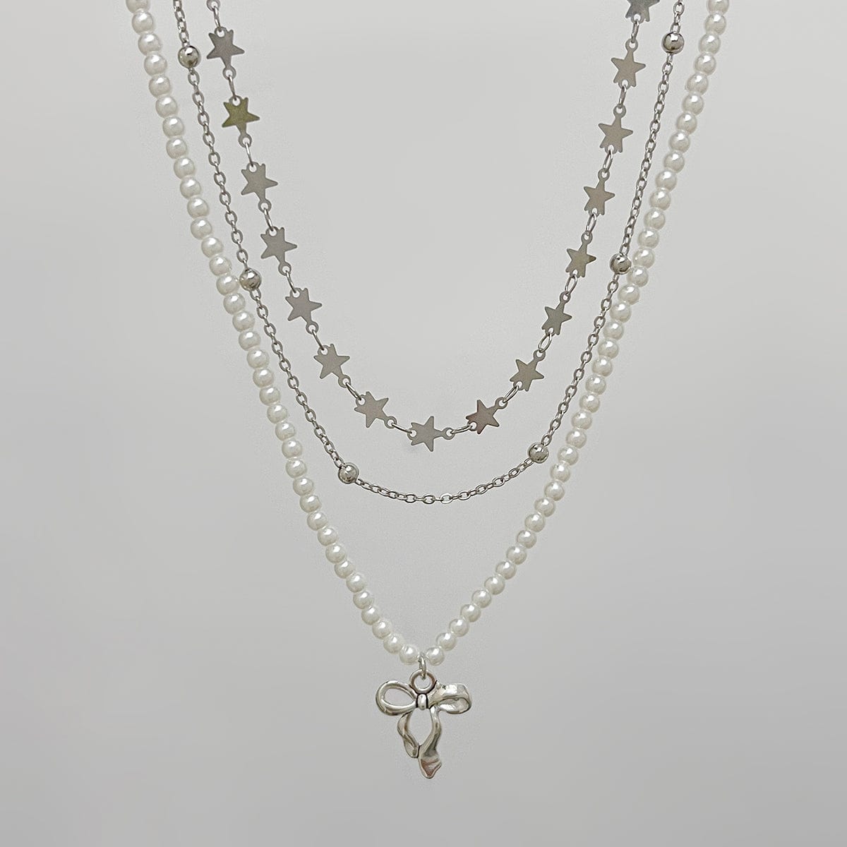Trendy Layered Bowknot Charm Star Pearl Chain Necklace Set - ArtGalleryZen