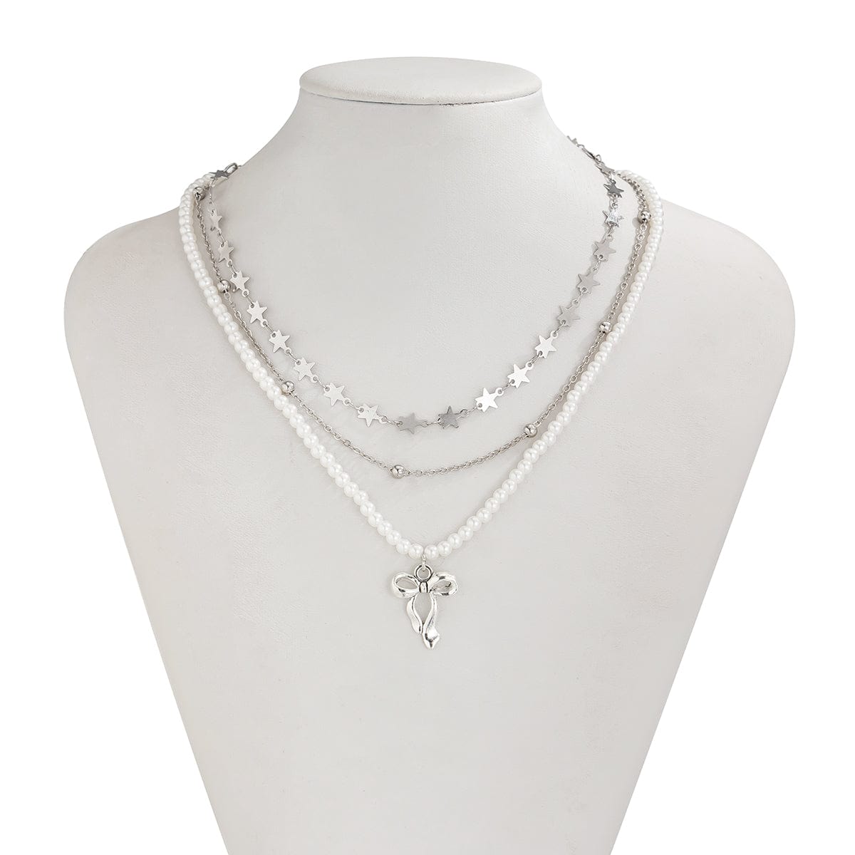 Trendy Layered Bowknot Charm Star Pearl Chain Necklace Set - ArtGalleryZen