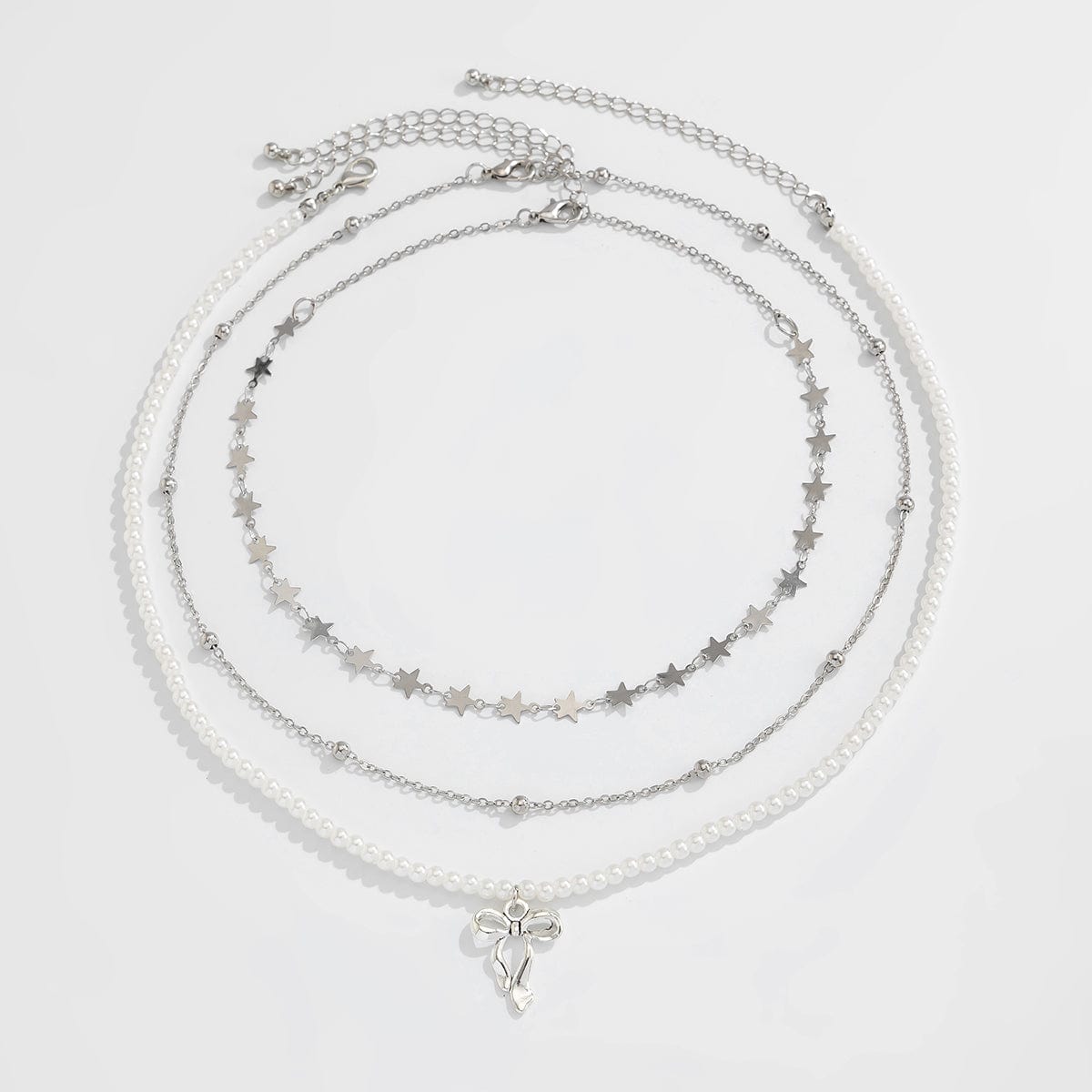 Trendy Layered Bowknot Charm Star Pearl Chain Necklace Set - ArtGalleryZen