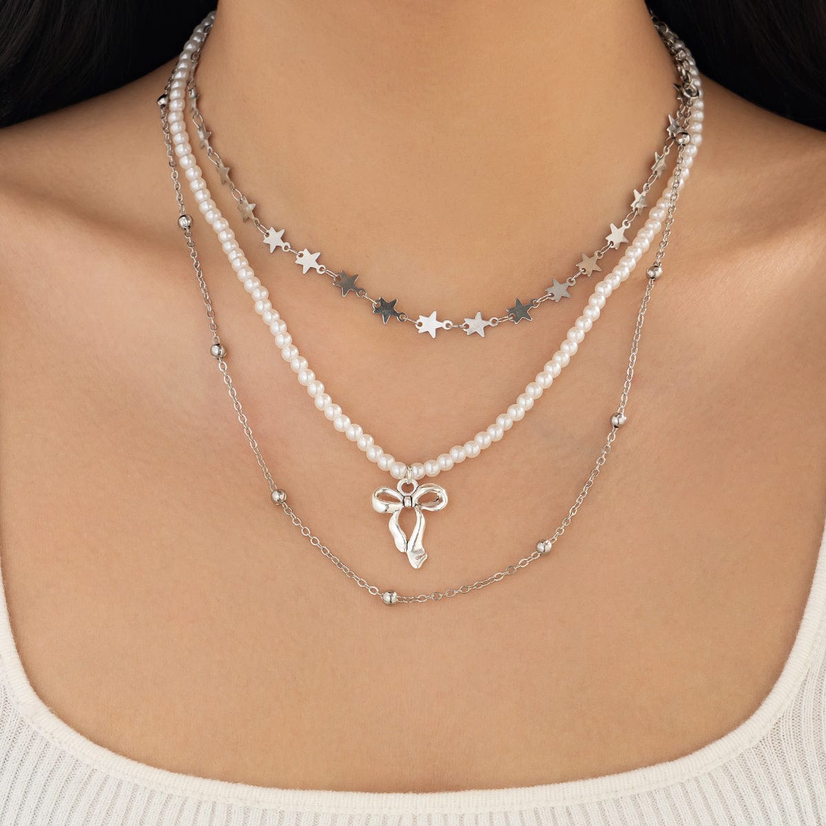 Trendy Layered Bowknot Charm Star Pearl Chain Necklace Set - ArtGalleryZen