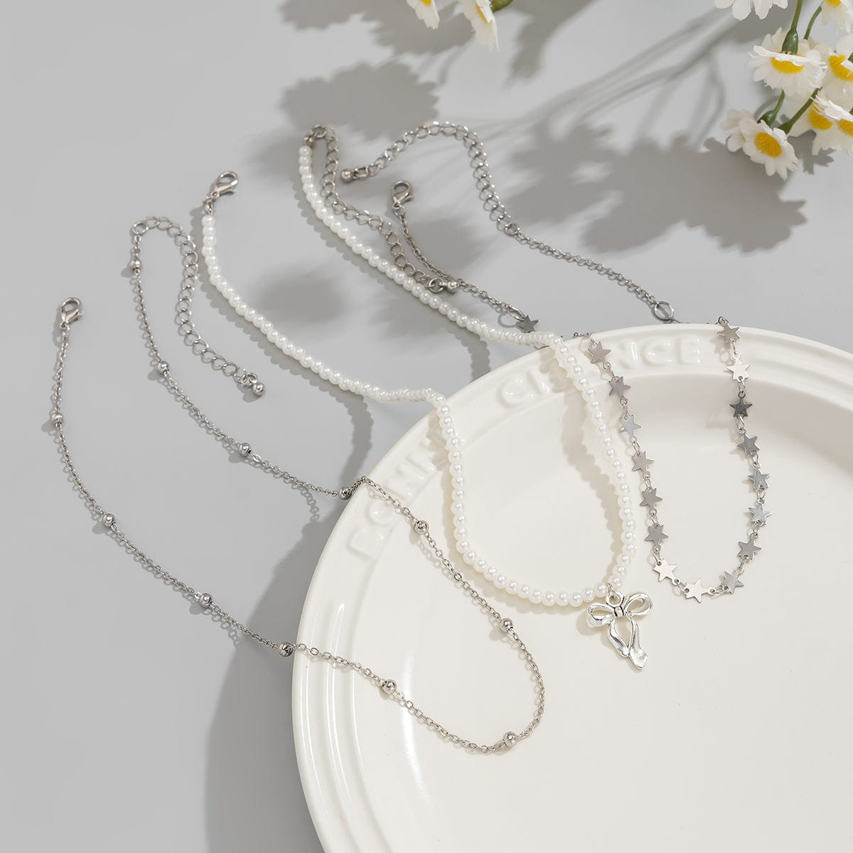 Trendy Layered Bowknot Charm Star Pearl Chain Necklace Set - ArtGalleryZen