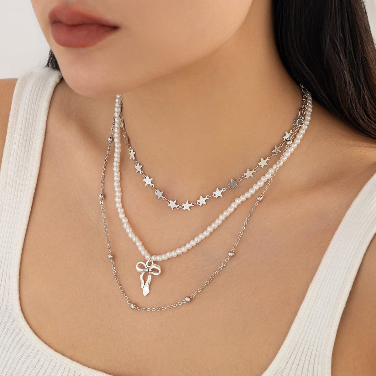 Trendy Layered Bowknot Charm Star Pearl Chain Necklace Set