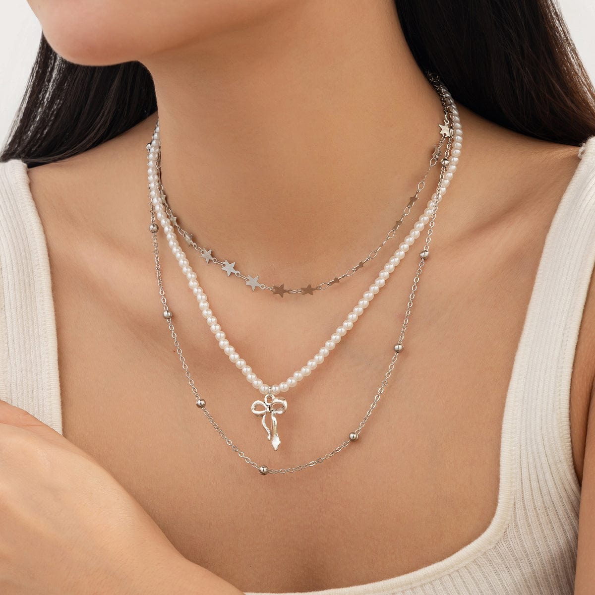 Trendy Layered Bowknot Charm Star Pearl Chain Necklace Set