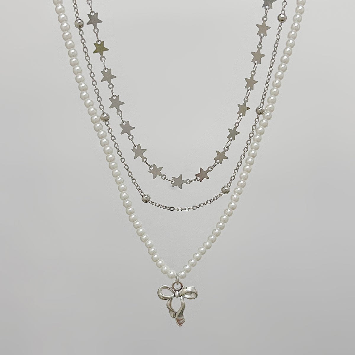 Trendy Layered Bowknot Charm Star Pearl Chain Necklace Set