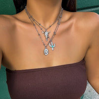 Thumbnail for Trendy Layered Bull Cactus Cowboy Hat Pendant Necklace Set - ArtGalleryZen