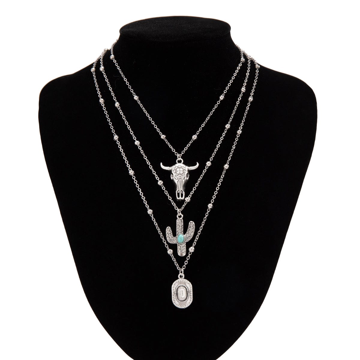 Trendy Layered Bull Cactus Cowboy Hat Pendant Necklace Set - ArtGalleryZen