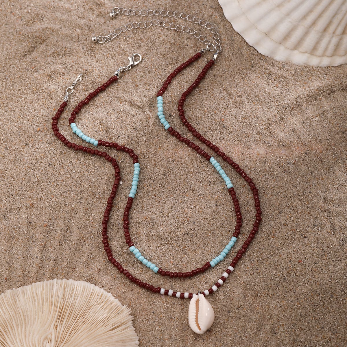 Trendy Layered Conch Pendant Seed Bead Necklace Set - ArtGalleryZen