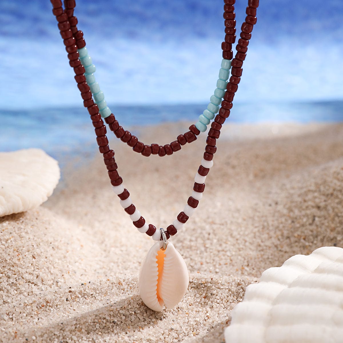 Trendy Layered Conch Pendant Seed Bead Necklace Set - ArtGalleryZen