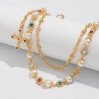 Thumbnail for Trendy Layered Cross Pendant Flower Rhinestone Pearl Trouser Chain - ArtGalleryZen