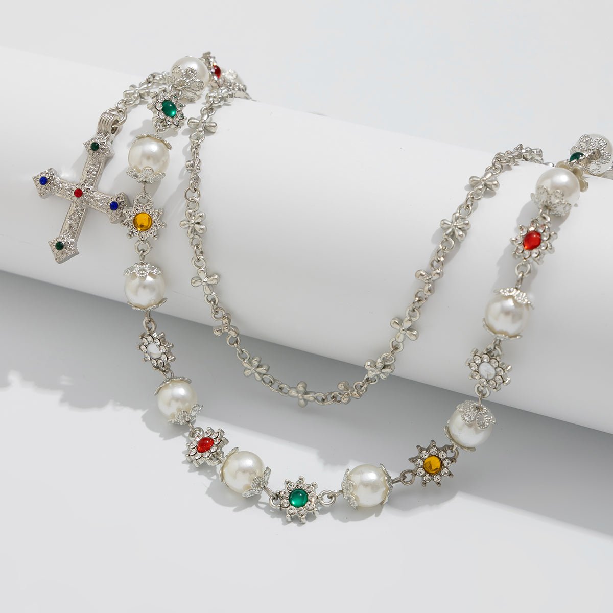 Trendy Layered Cross Pendant Flower Rhinestone Pearl Trouser Chain - ArtGalleryZen