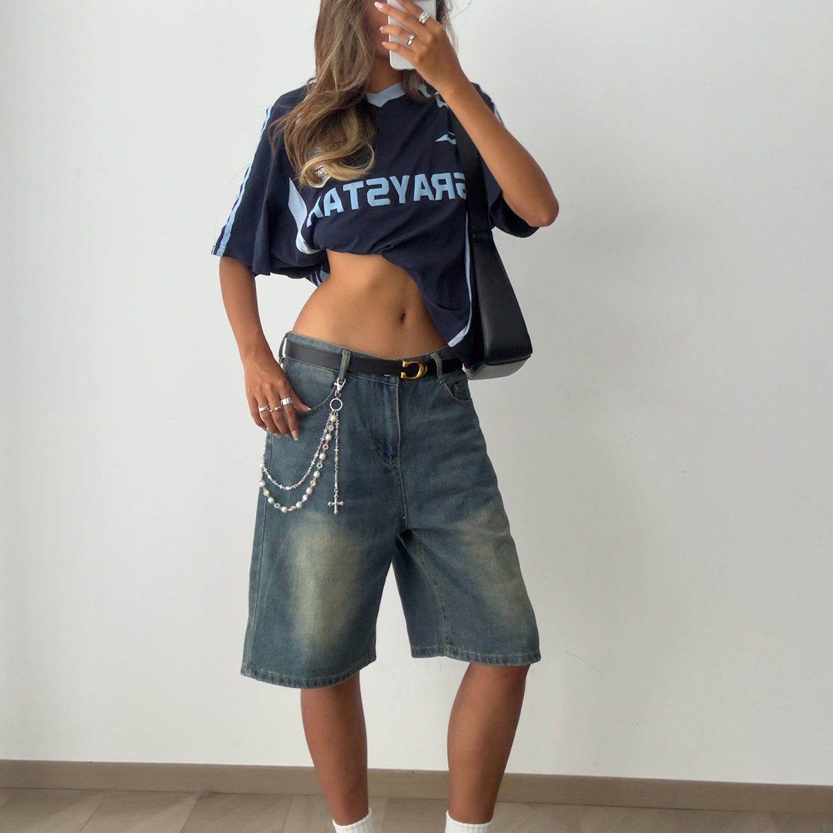 Trendy Layered Cross Pendant Flower Rhinestone Pearl Trouser Chain - ArtGalleryZen