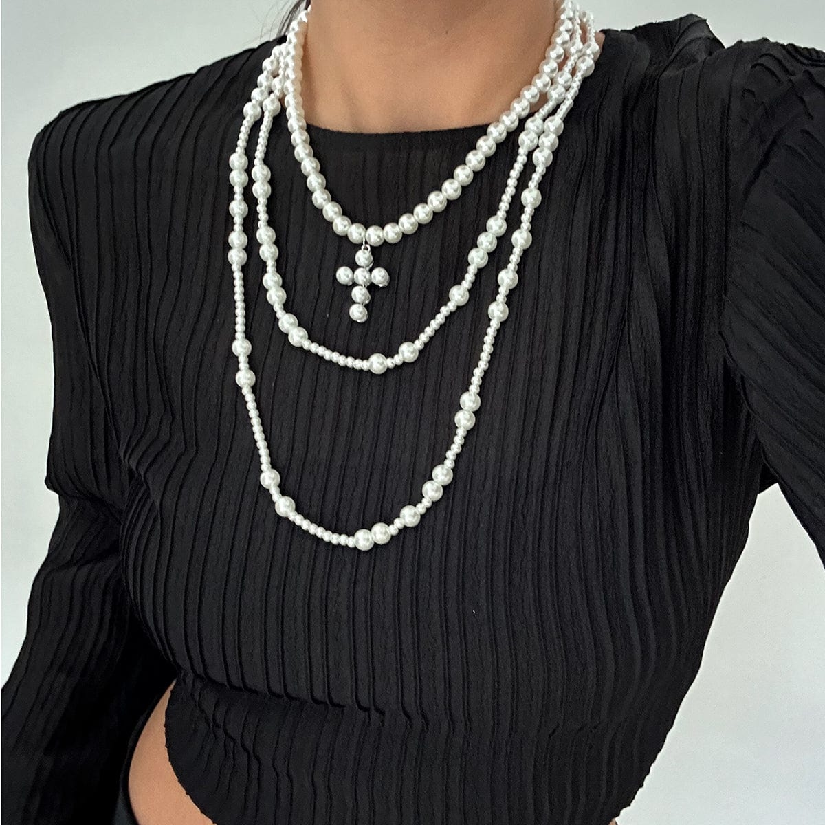 Trendy Layered Cross Pendant Pearl Chain Necklace Set