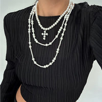 Thumbnail for Trendy Layered Cross Pendant Pearl Chain Necklace Set