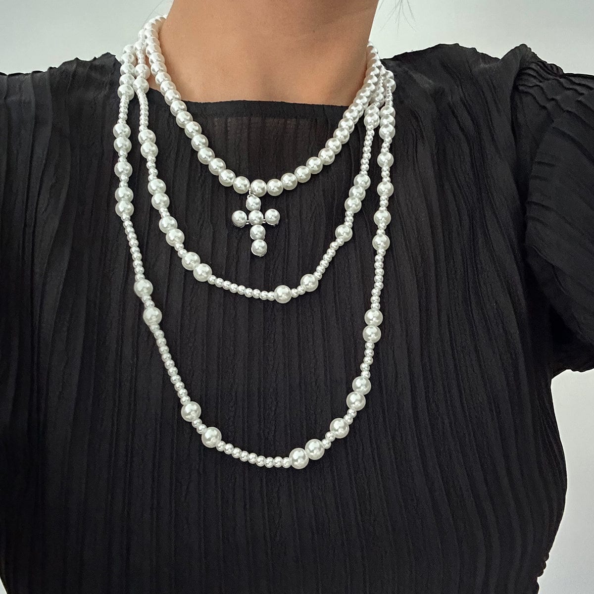 Trendy Layered Cross Pendant Pearl Chain Necklace Set