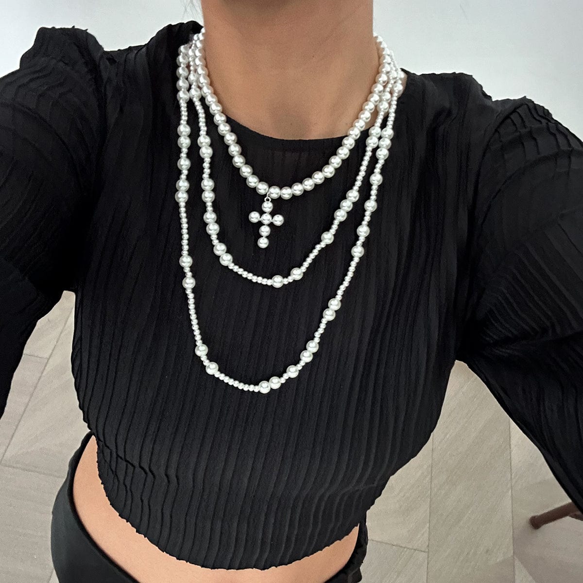 Trendy Layered Cross Pendant Pearl Chain Necklace Set