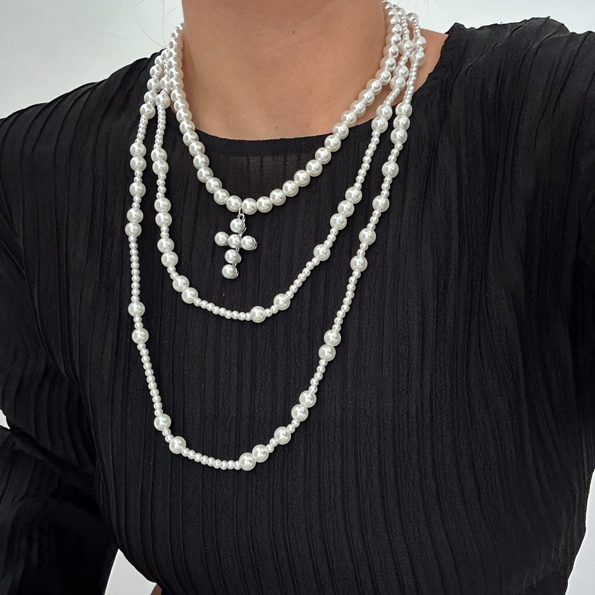 Trendy Layered Cross Pendant Pearl Chain Necklace Set