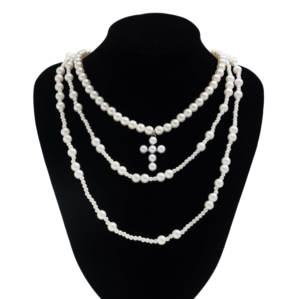 Trendy Layered Cross Pendant Pearl Chain Necklace Set