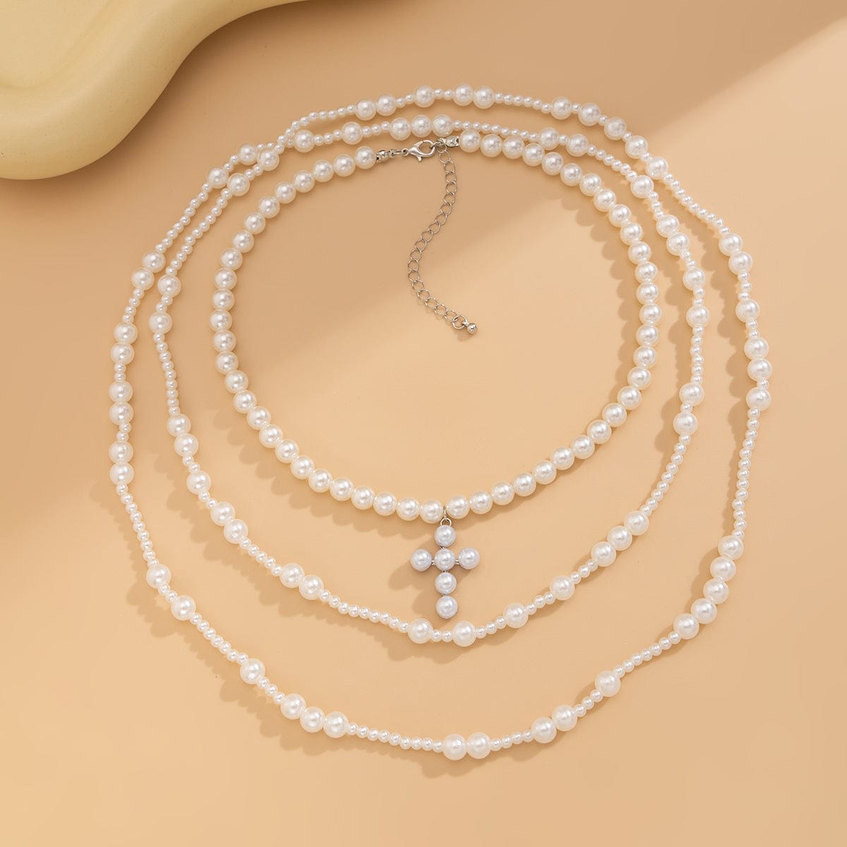 Trendy Layered Cross Pendant Pearl Chain Necklace Set