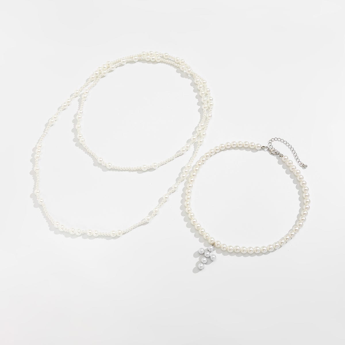 Trendy Layered Cross Pendant Pearl Chain Necklace Set