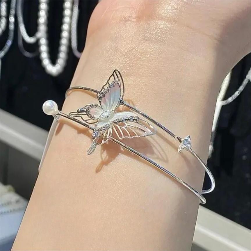 Trendy Crystal Inlaid Enamel Butterfly Pearl Charm Bangle Bracelet