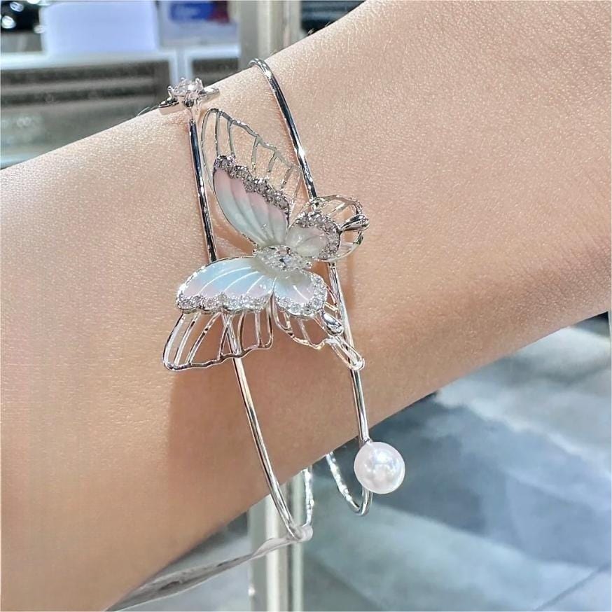 Trendy Crystal Inlaid Enamel Butterfly Pearl Charm Bangle Bracelet