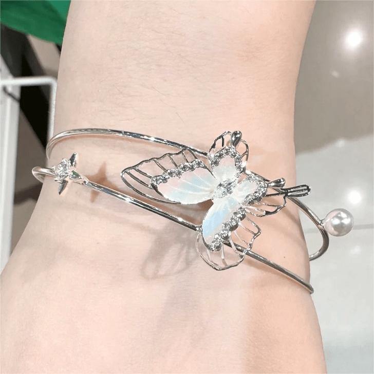 Trendy Crystal Inlaid Enamel Butterfly Pearl Charm Bangle Bracelet