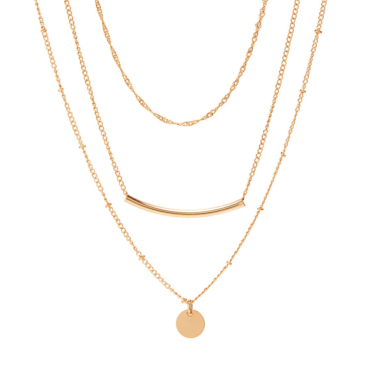 Trendy Layered Curved Bar Round Disk Pendant Cable Chain Necklace Set - ArtGalleryZen