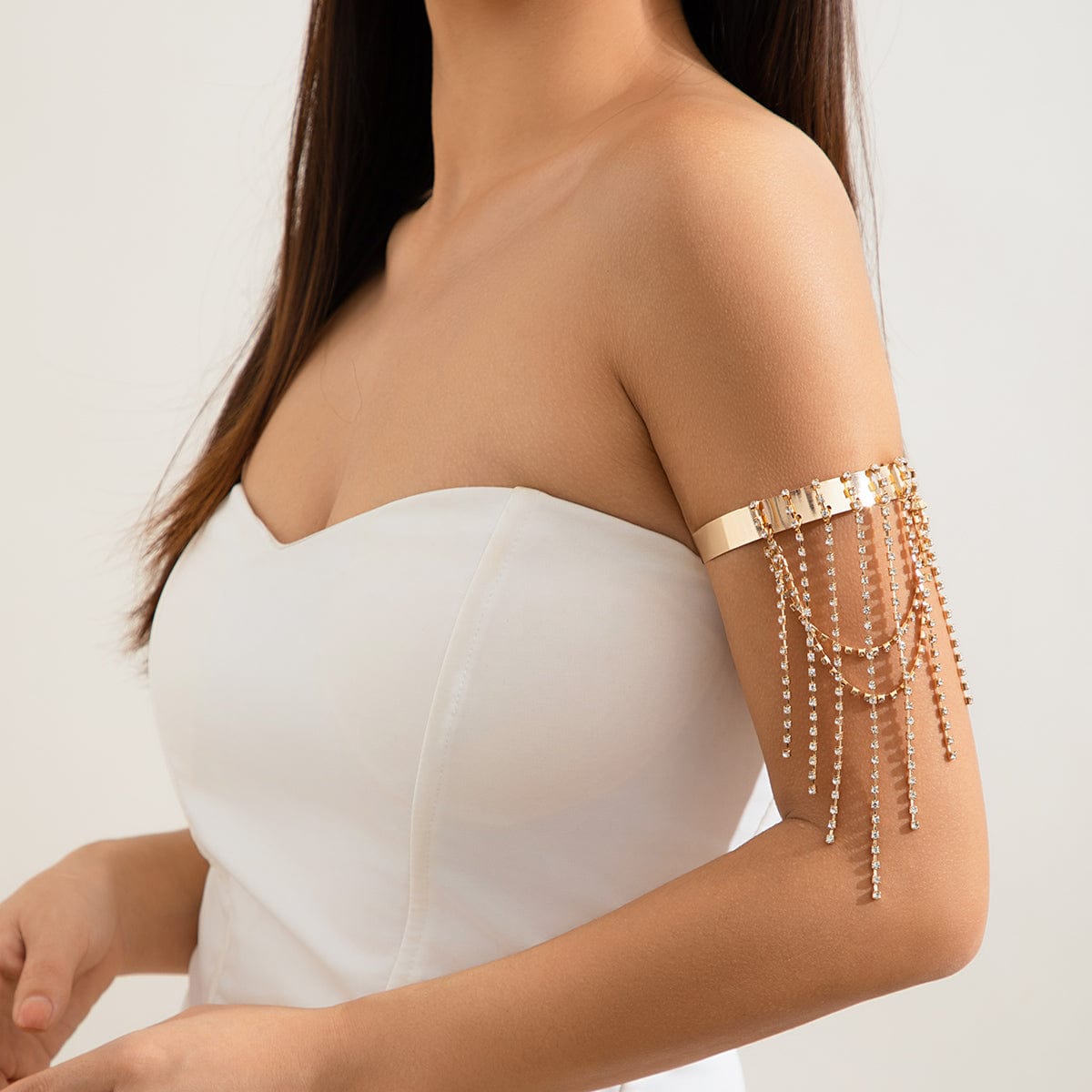 Trendy Layered CZ Inlaid Box Chain Tassel Arm Cuff