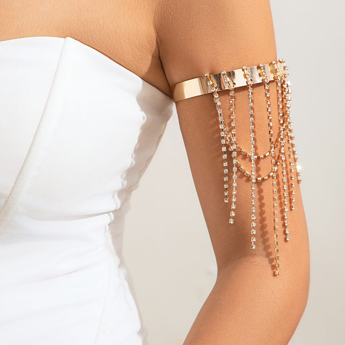 Trendy Layered CZ Inlaid Box Chain Tassel Arm Cuff