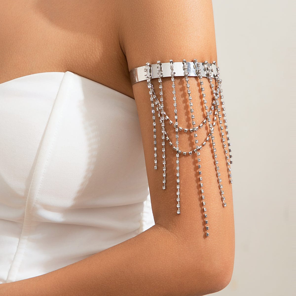 Trendy Layered CZ Inlaid Box Chain Tassel Arm Cuff