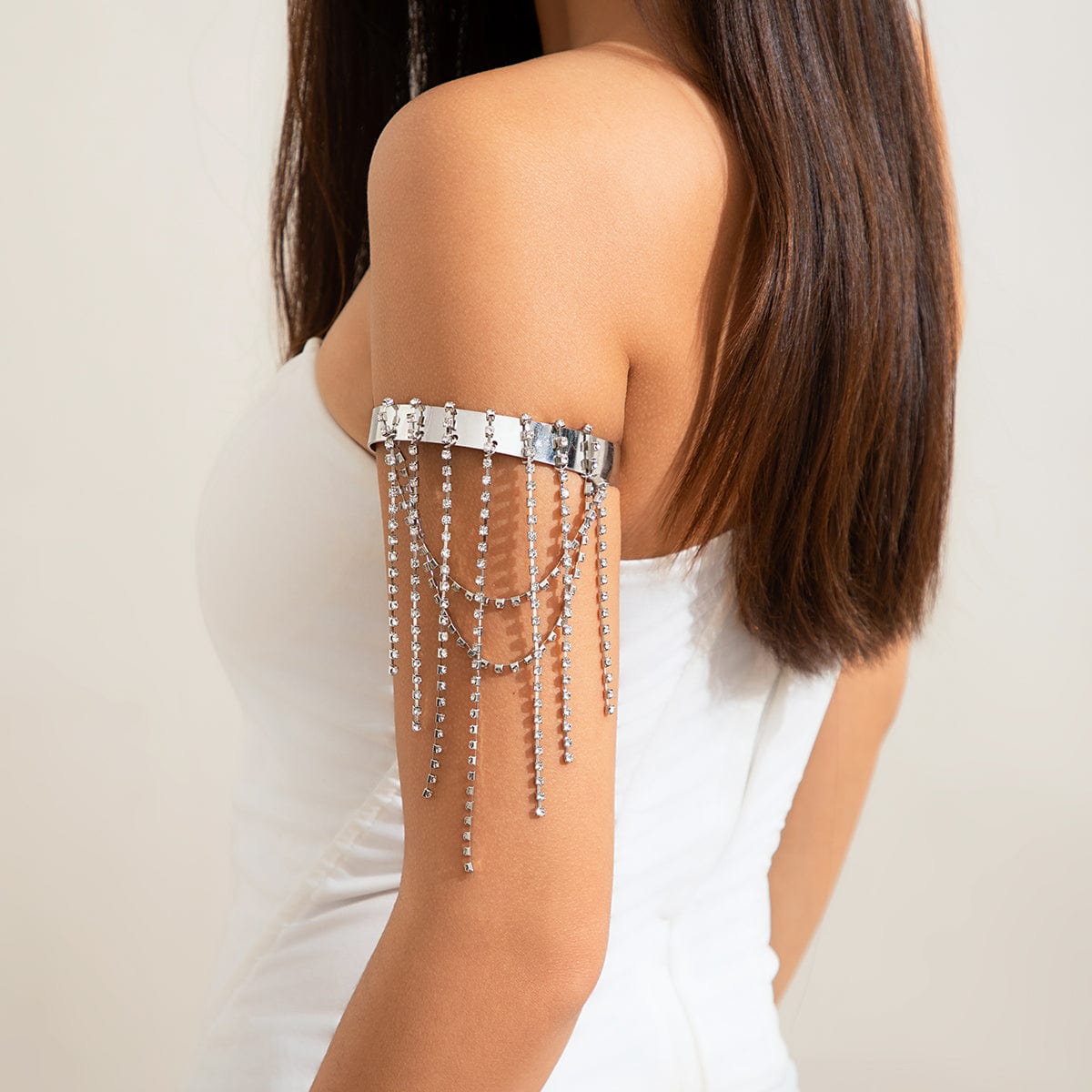 Trendy Layered CZ Inlaid Box Chain Tassel Arm Cuff