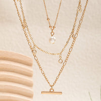 Thumbnail for Trendy Layered CZ Tassel Bar Pearl Pendant Cable Chain Necklace Set - ArtGalleryZen