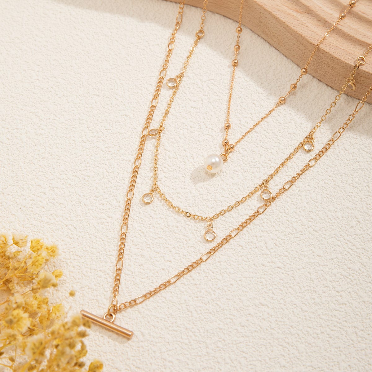 Trendy Layered CZ Tassel Bar Pearl Pendant Cable Chain Necklace Set - ArtGalleryZen