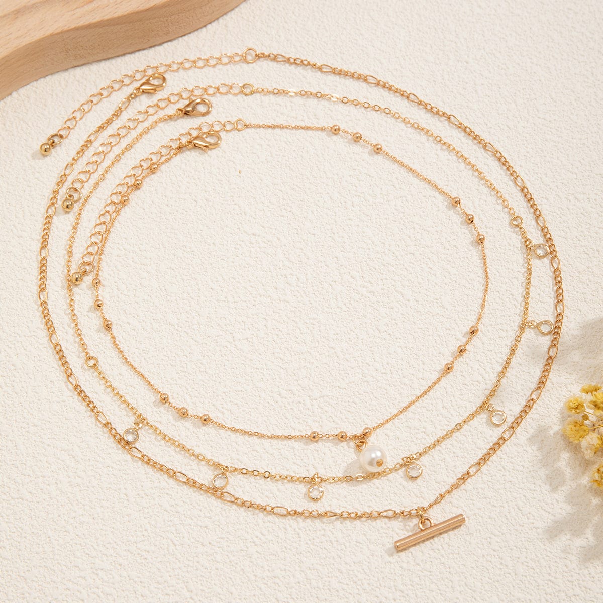 Trendy Layered CZ Tassel Bar Pearl Pendant Cable Chain Necklace Set - ArtGalleryZen