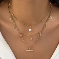 Thumbnail for Trendy Layered CZ Tassel Bar Pearl Pendant Cable Chain Necklace Set - ArtGalleryZen