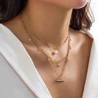 Thumbnail for Trendy Layered CZ Tassel Bar Pearl Pendant Cable Chain Necklace Set - ArtGalleryZen