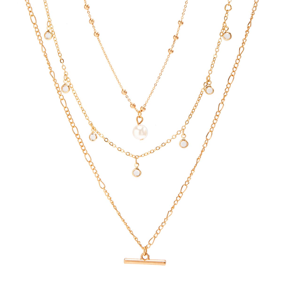 Trendy Layered CZ Tassel Bar Pearl Pendant Cable Chain Necklace Set - ArtGalleryZen